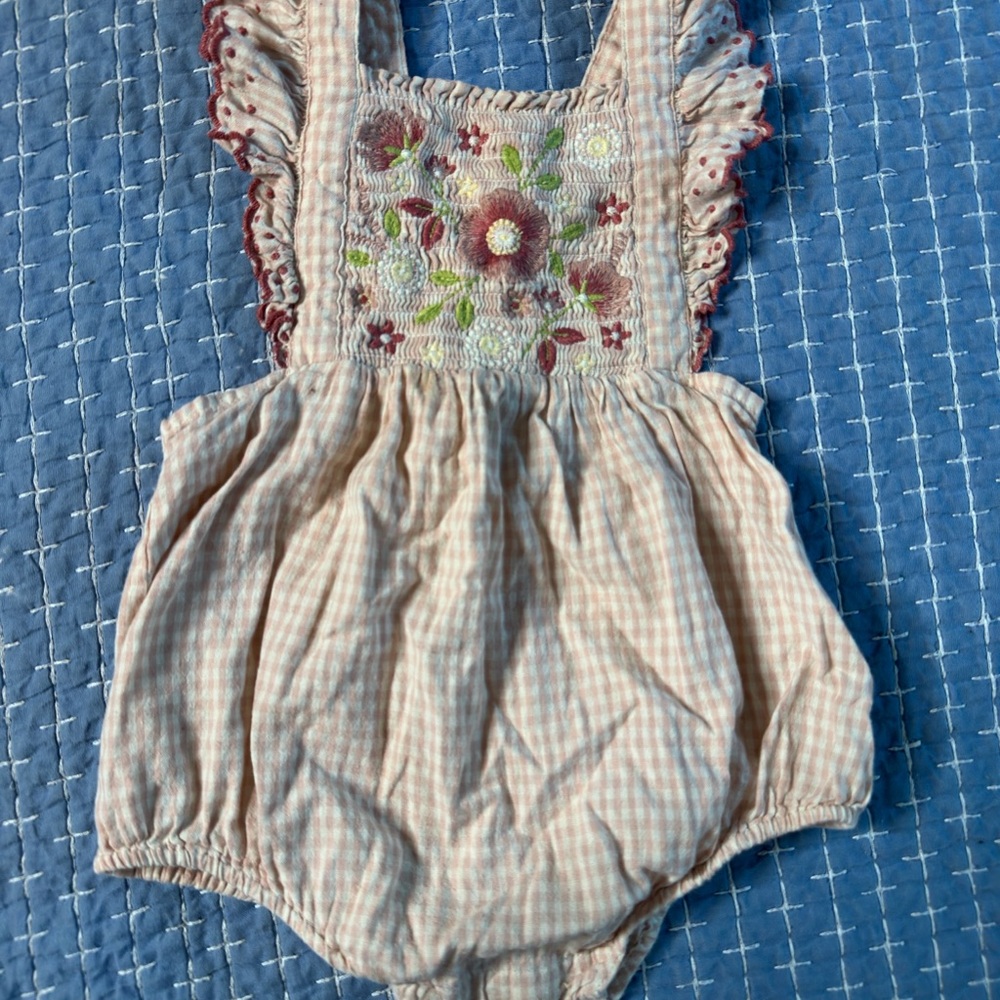 NATALYS  gingham bubble romper ruffle trim floral embroidery beautiful feminine